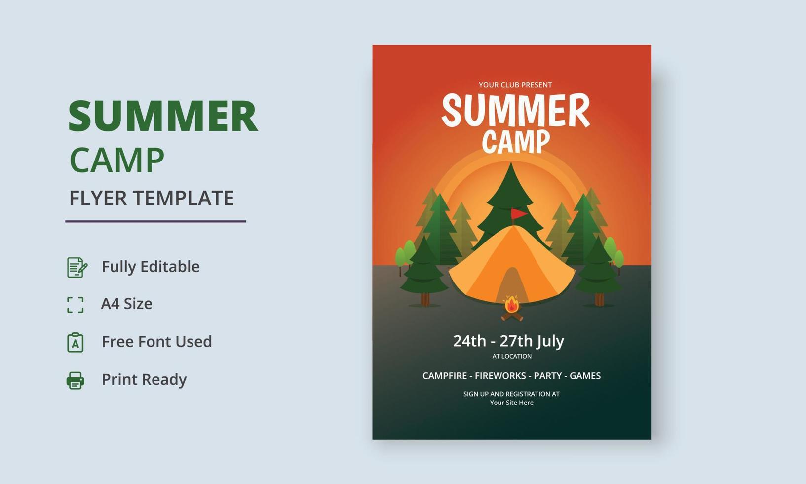 Summer Camp Flyer Template, Kids Summer Camp Flyer Template, Scouts Summer Camp Flyer Template vector