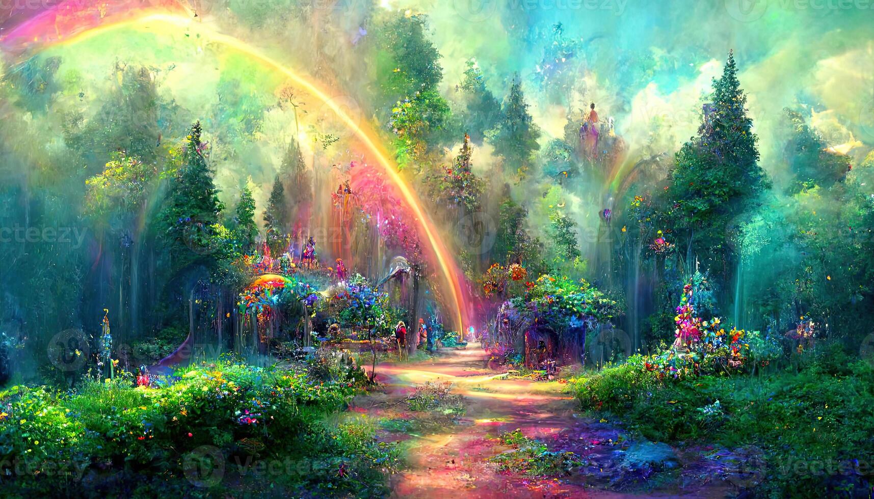 mágico cuento de hadas paisaje con arco iris y arboles generativo ai foto