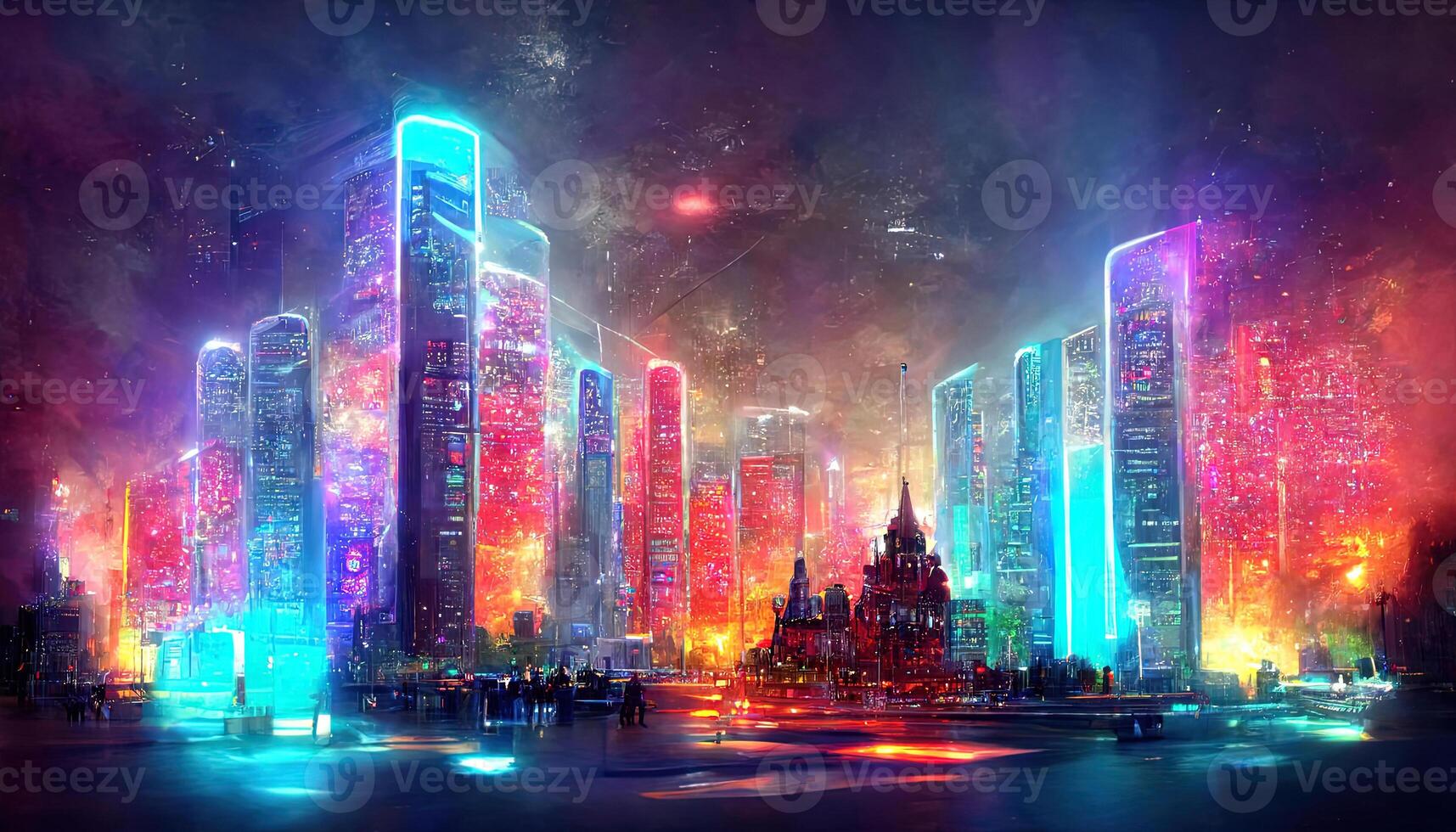 3d render, abstract urban background with glowing neon light, virtual reality cyber space, digital wallpaper. photo