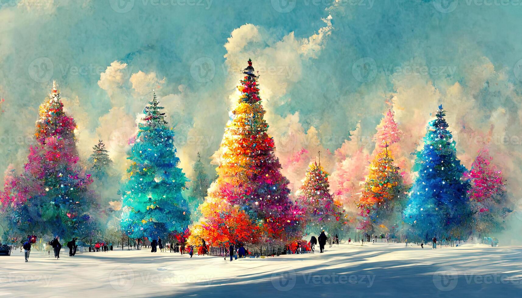 New year and christmas tree winter landscape background with snowman card design. photo