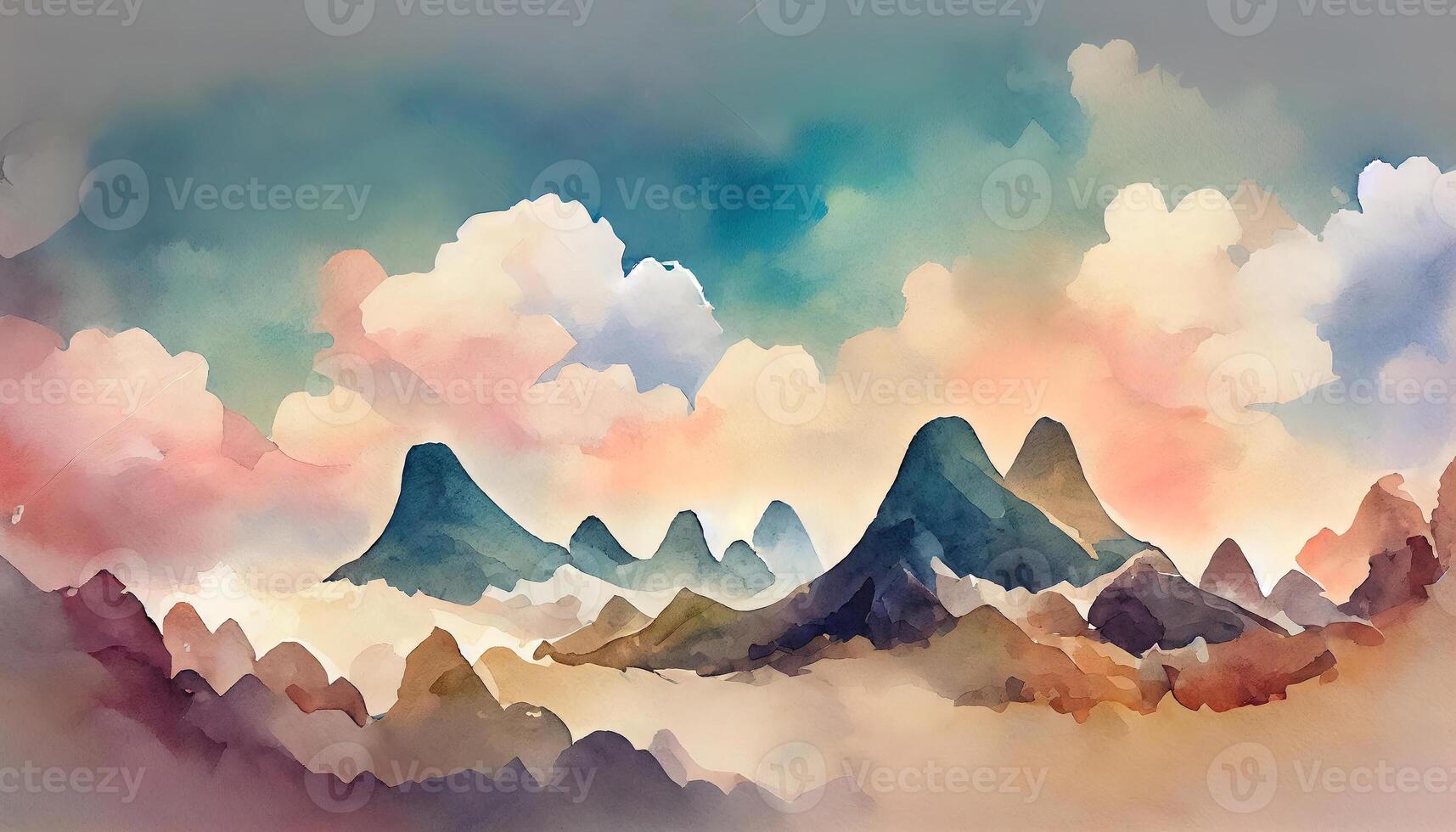 Foggy watercolor mountains, hills and trees isolated elements. photo