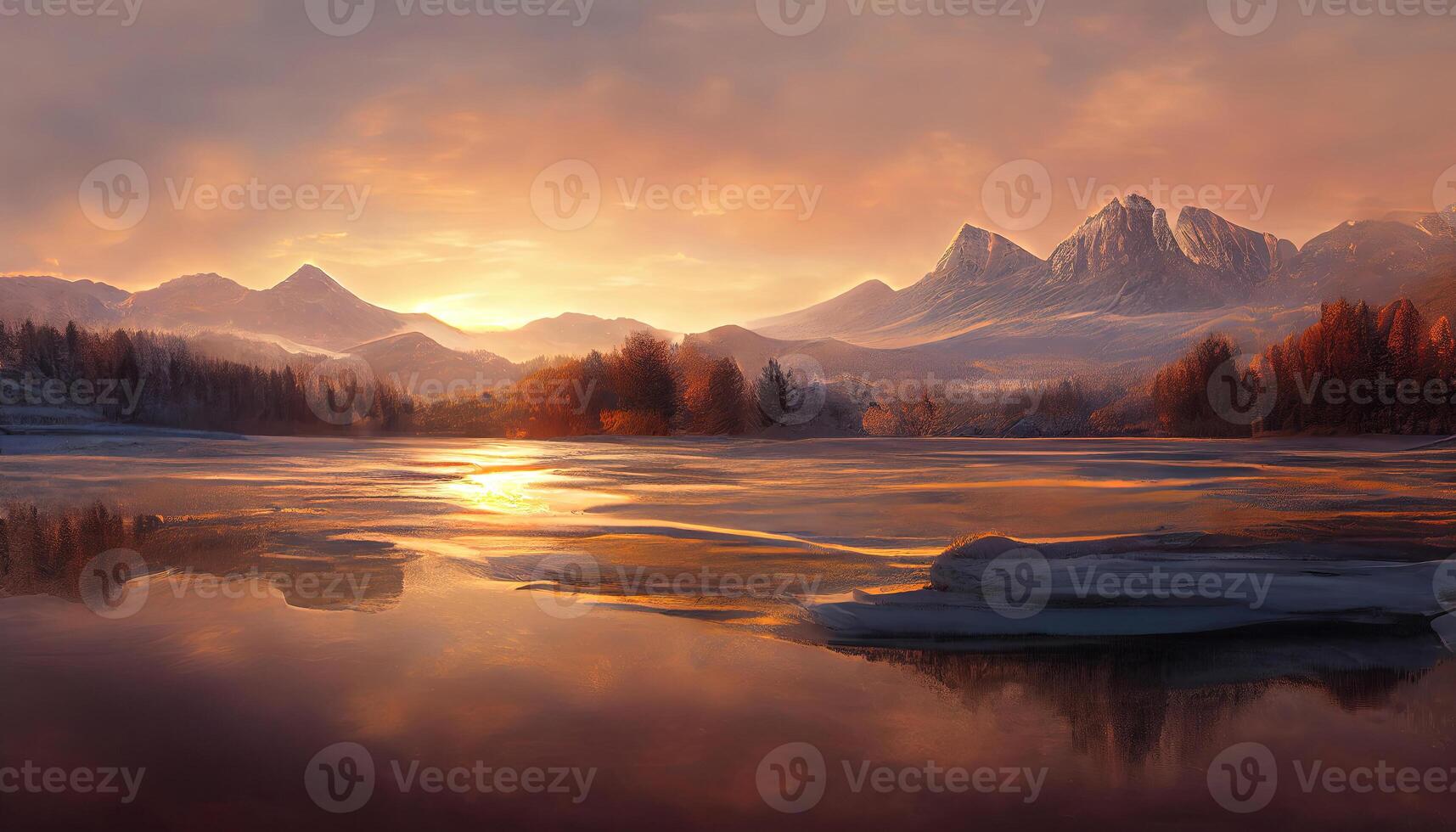 View of lake front of mountains with skyline. photo