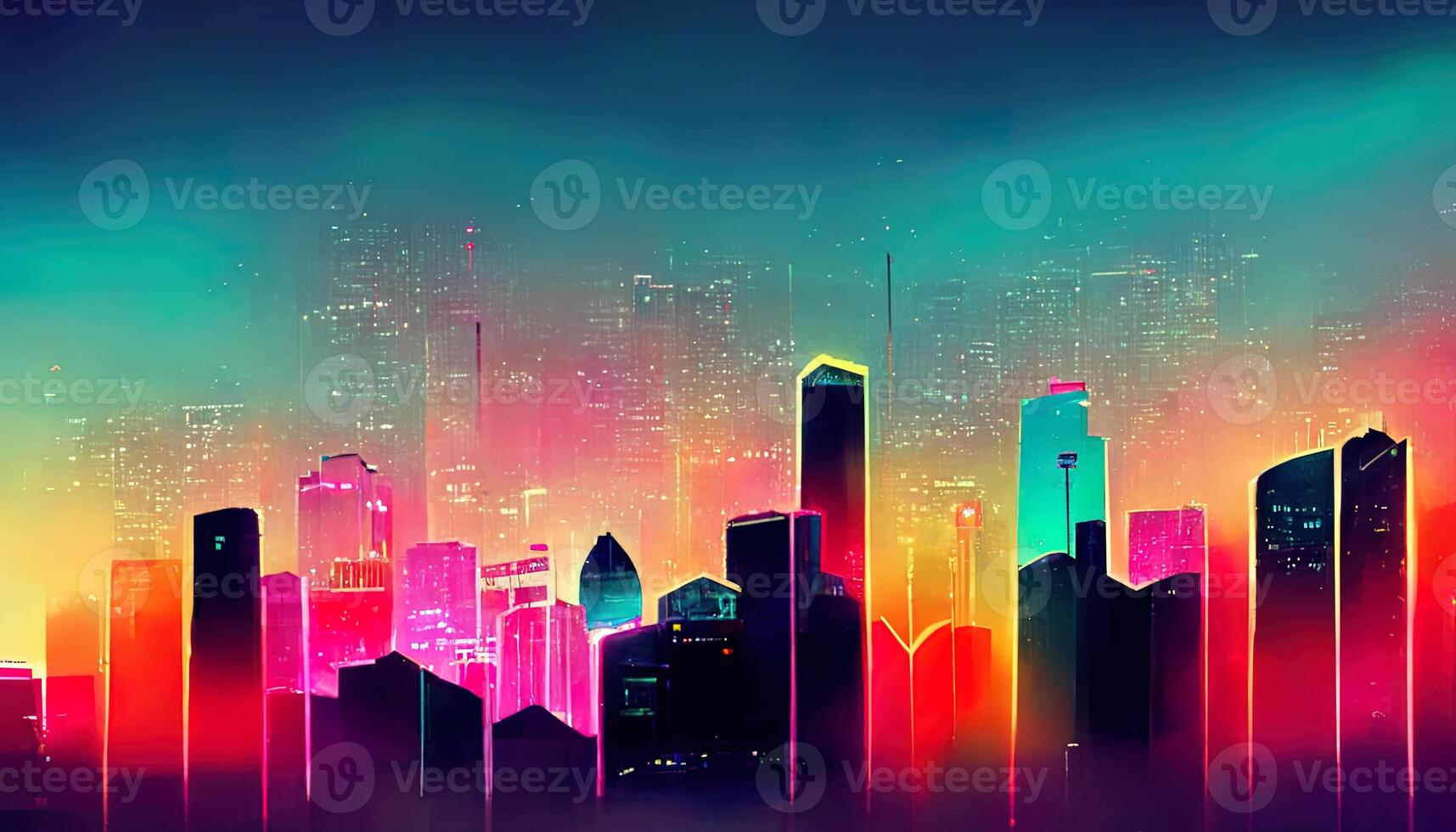 Background with night city in neon lights. photo