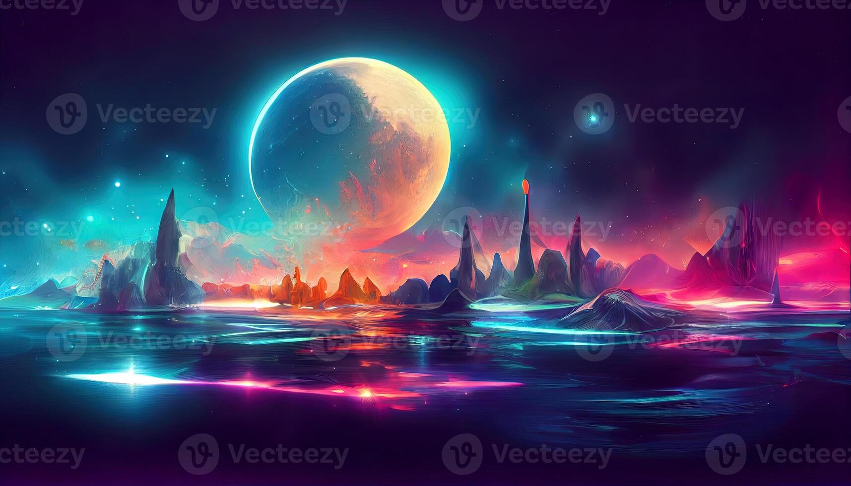 Modern futuristic fantasy night landscape with abstract islands and night sky with space galaxies. photo
