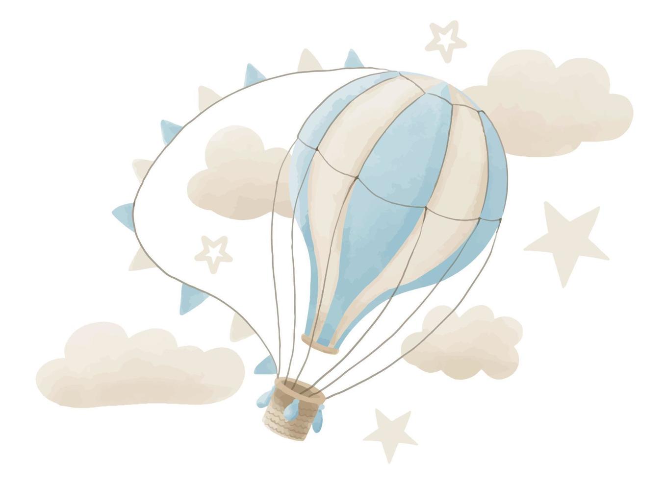 Hot Air Balloon for Baby Shower. Hand drawn watercolor vintage illustration for childish greeting cards or invitations on isolated background in pastel blue and beige colors. Drawing for newborn vector