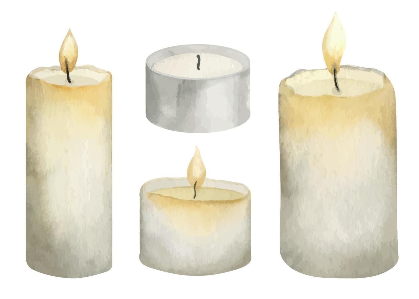 Set of Wax Candles with Candlelight. Hand drawn watercolor illustration of vintage light for cozy interior. Bundle on isolated background for part greeting cards or invitations. Colorful drawing vector