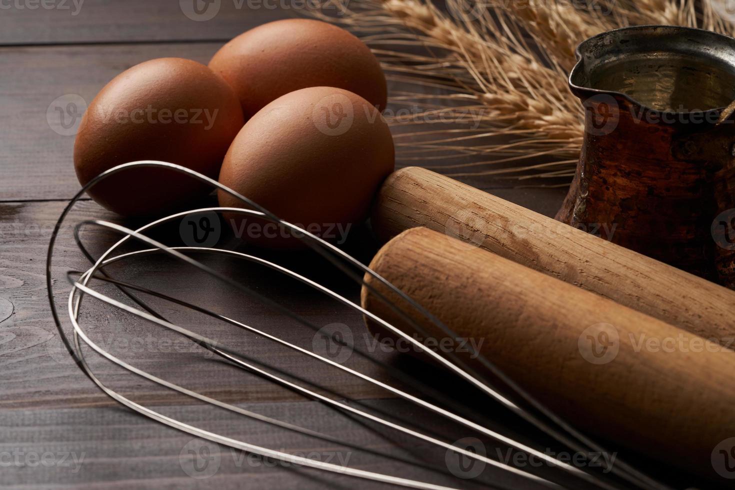 close up the bakery and cooking bread pastry or cake ingredients in wooden table background. homemade photo