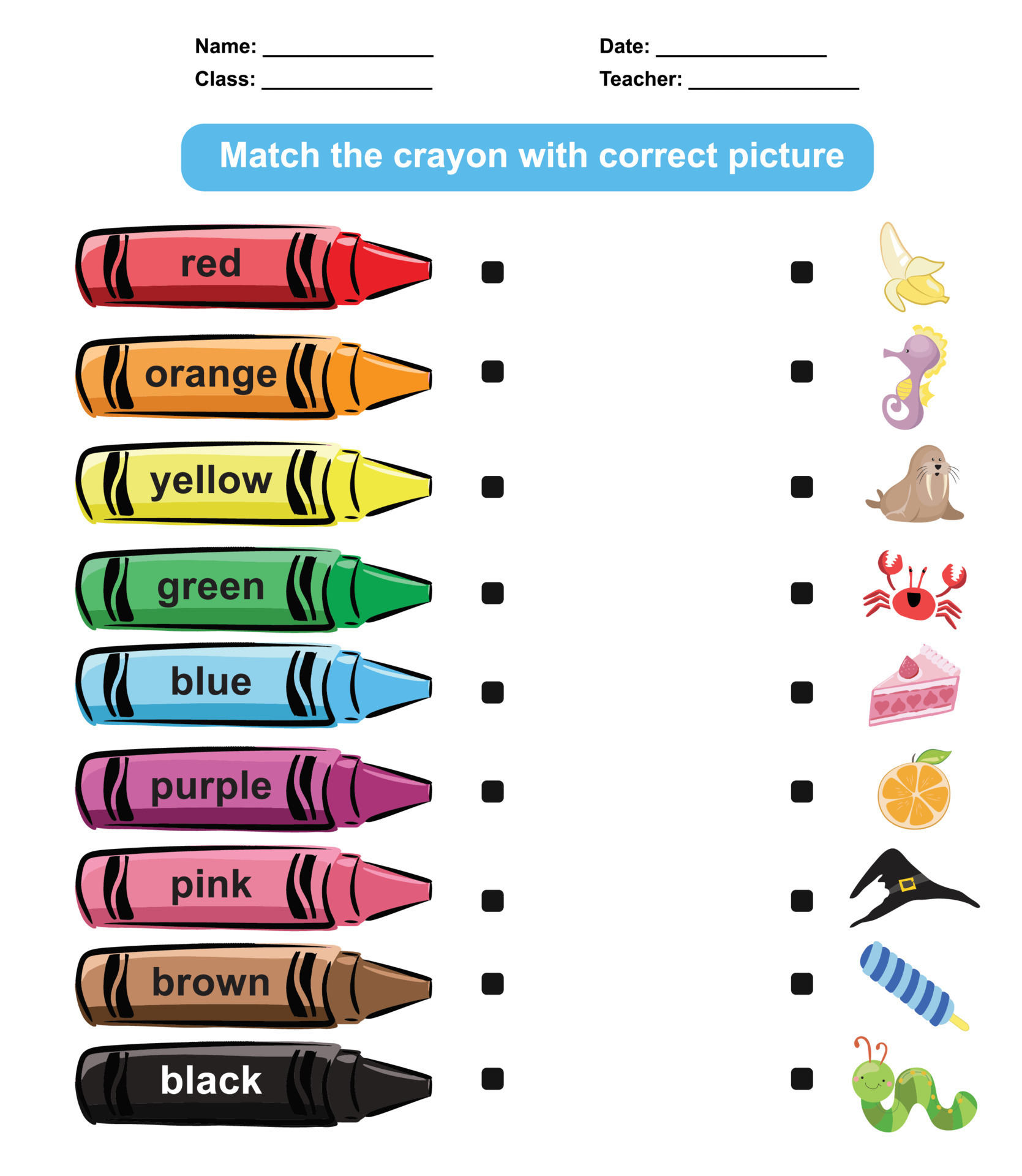 Matching the crayon colours with the images. Printable worksheet for