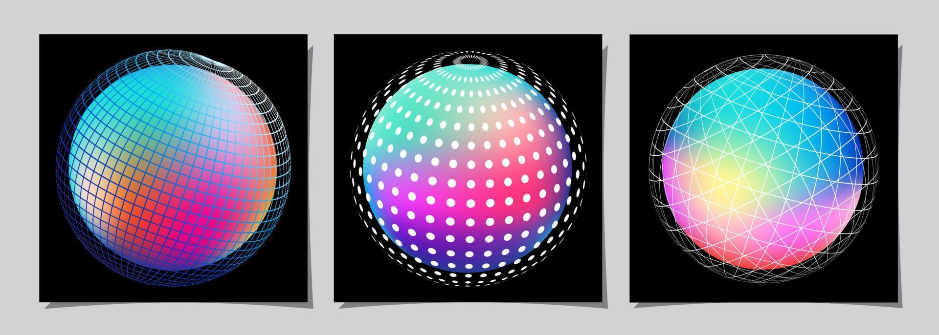 Gradient Spherical Grid set, holographic vibrant round icon. Multicolor buttons can be used in banner, social media, web, as design element. vector