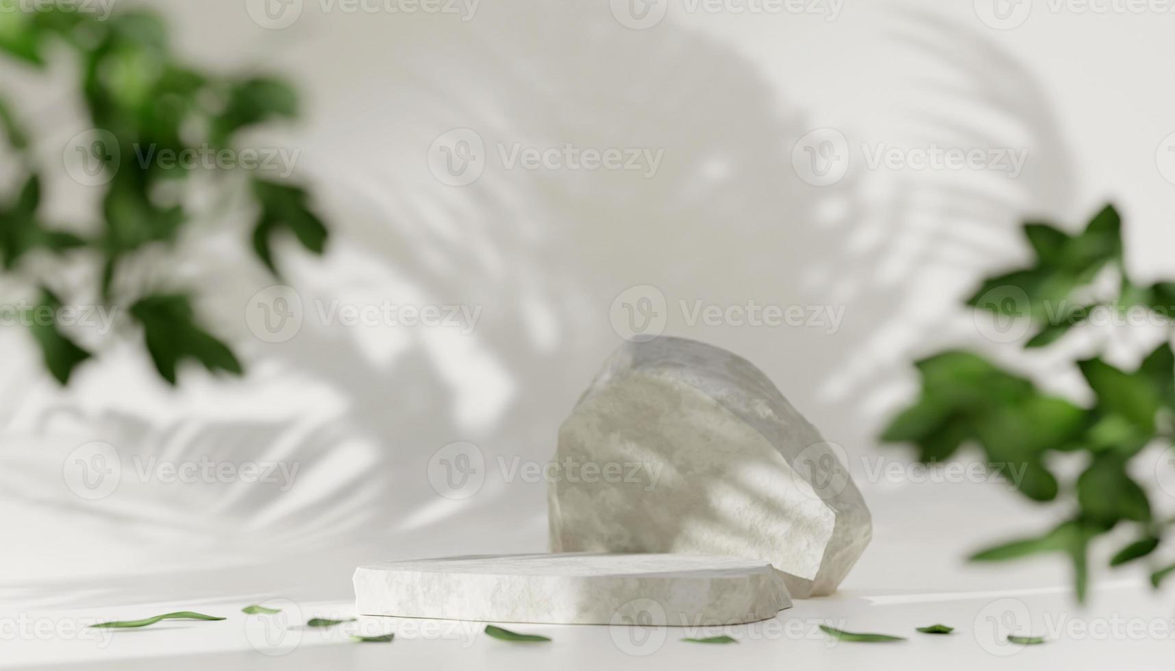 3D white stone podium or rock dais stage and nature green leaves. elegant podium mock-up stand product scene beige background. 3d podium stage illustration render. photo