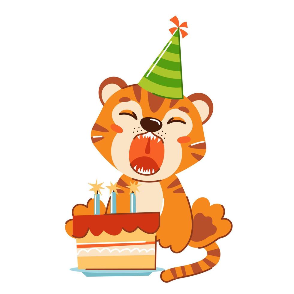 Vector children's animal character on a white background. Cute tiger celebrating birthday. A collection for a children's birthday. Illustration for a greeting card to a child