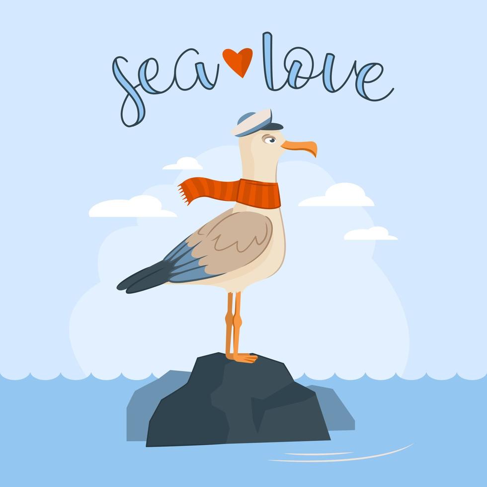 A cute funny sea or ocean bird in captains clothes stands on a rock and looks into the distance. Vector cartoon illustration
