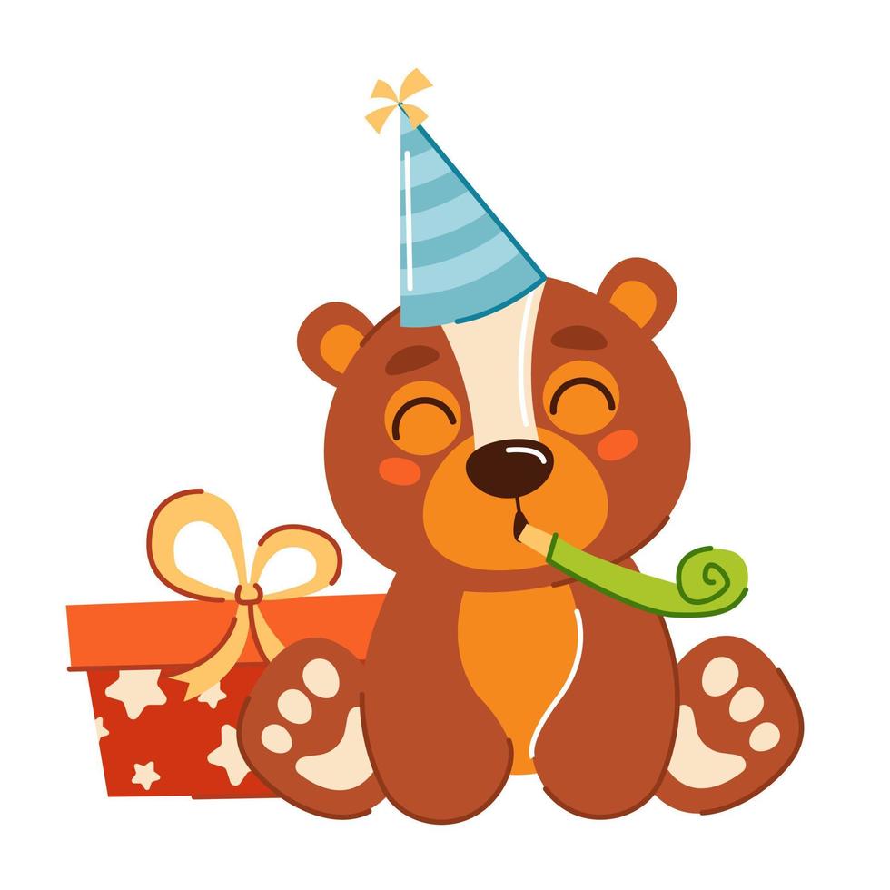 Vector children's animal character on a white background. Cute teddy celebrating birthday. A collection for a children's birthday. Illustration for a greeting card to a child
