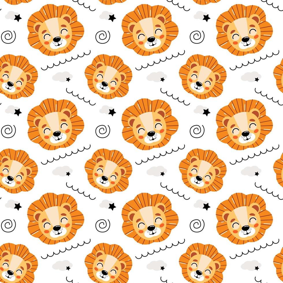 Cute kids seamless animal pattern. Lion cub pattern in the clouds. Print on fabric, paper and design. Vector illustration