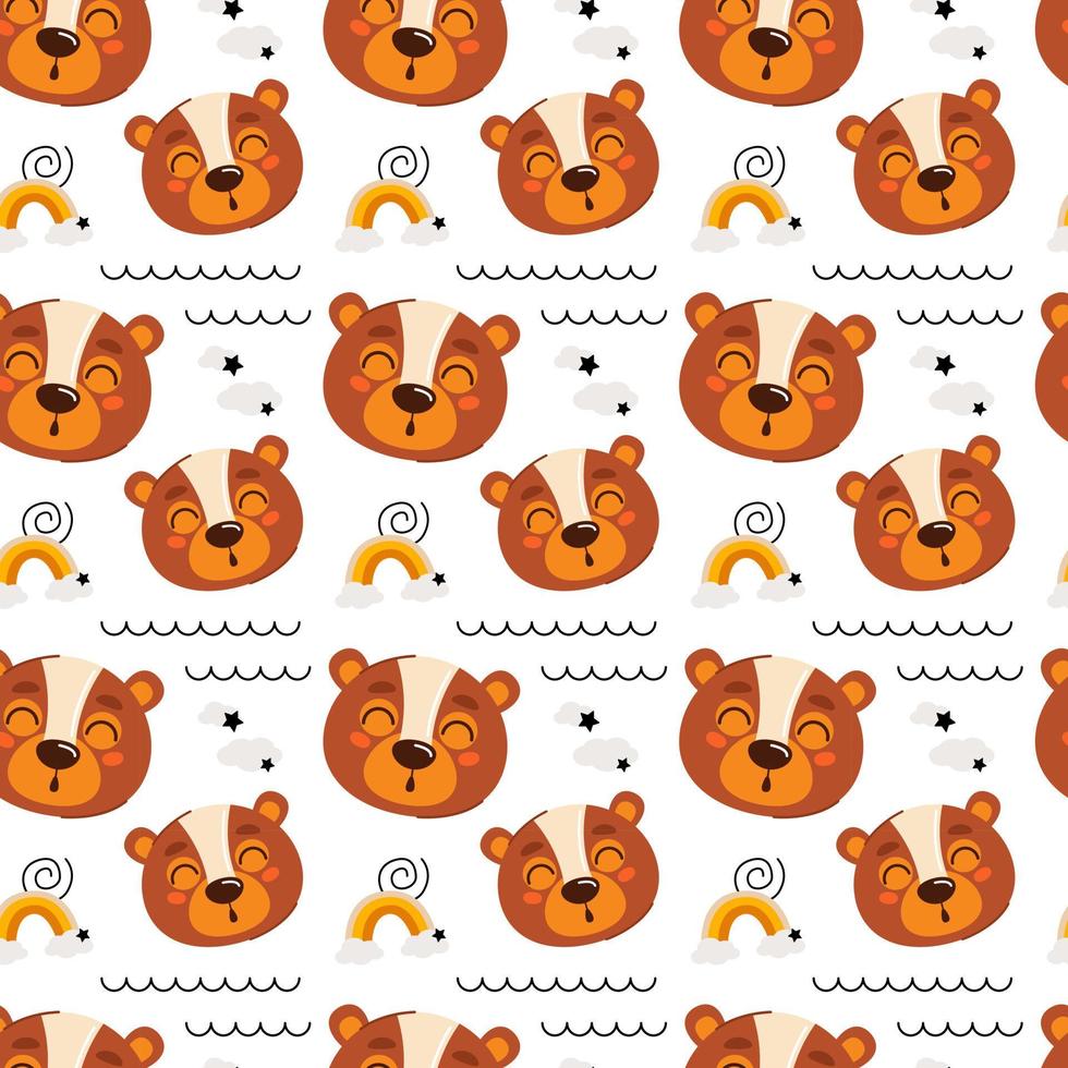 Cute kids seamless animal pattern. Drawing of a bear cub in the clouds. The concept of sleep. Printing on fabric, paper and design. Vector illustration