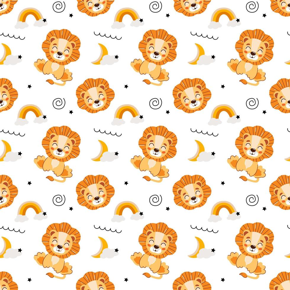 Cute kids seamless animal pattern. Lion cub pattern in the clouds. Print on fabric, paper and design. Vector illustration