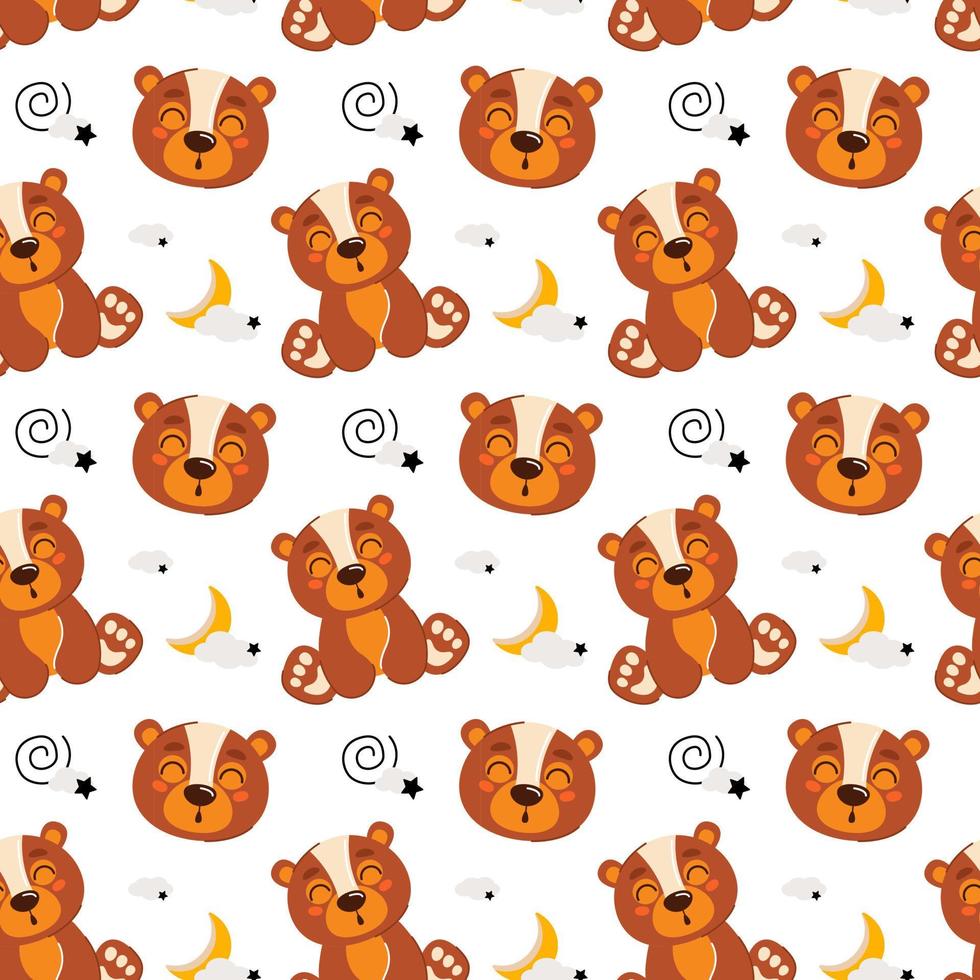 Cute kids seamless animal pattern. Drawing of a bear cub in the clouds. The concept of sleep. Printing on fabric, paper and design. Vector illustration