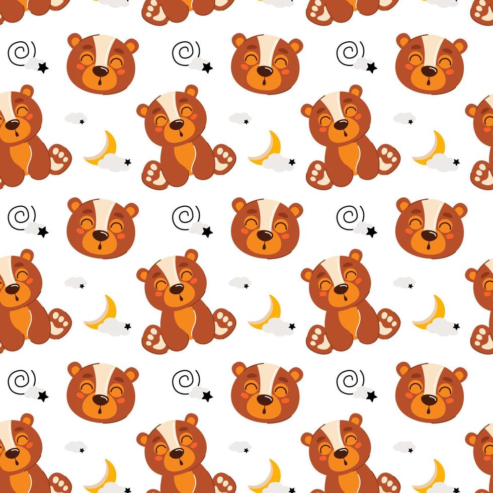 Cute kids seamless animal pattern. Drawing of a bear cub in the clouds. The concept of sleep. Printing on fabric, paper and design. Vector illustration