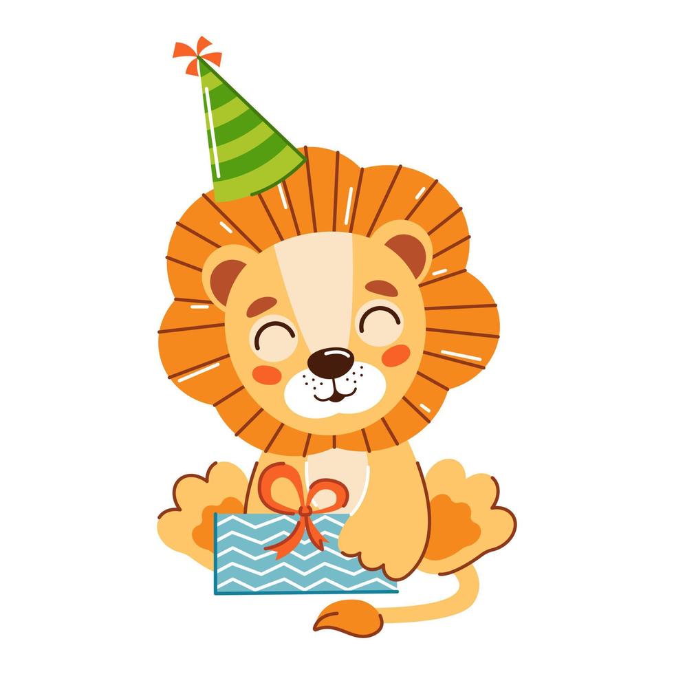Vector children's animal character on a white background. Cute lion celebrating birthday. A collection for a children's birthday. Illustration for a greeting card to a child