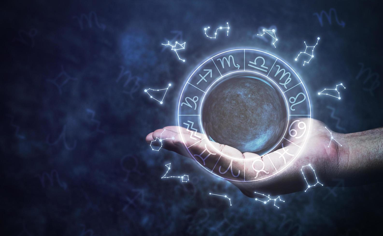 concept of astrological zodiac signs inside of horoscope circle crystal ball with human hand background. astrology, constellation, prediction photo