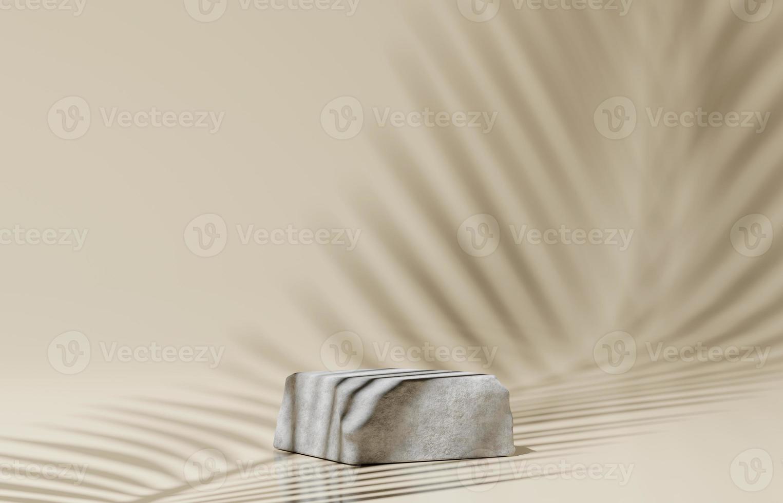 3D beige stone rock podium or stage. mock-up stand product scene background. 3d podium stage illustration render. palm leaves leaf shadow photo