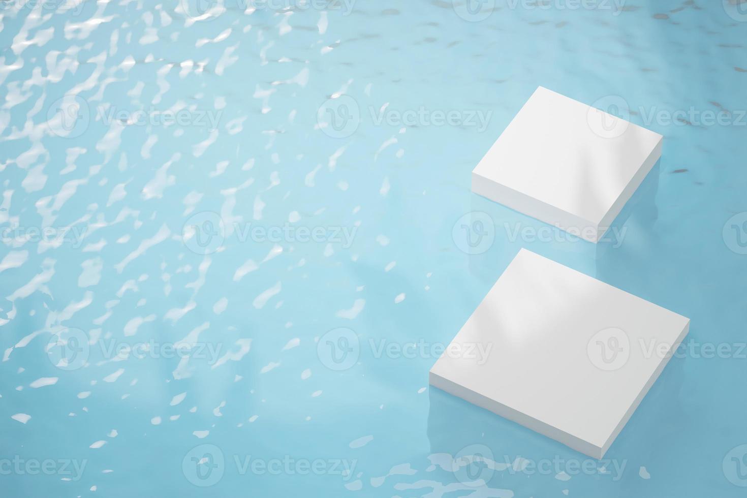 3D white podium or stage for packaging presentation and cosmetic. mock-up product scene with blue water background. 3d rendering minimal style photo