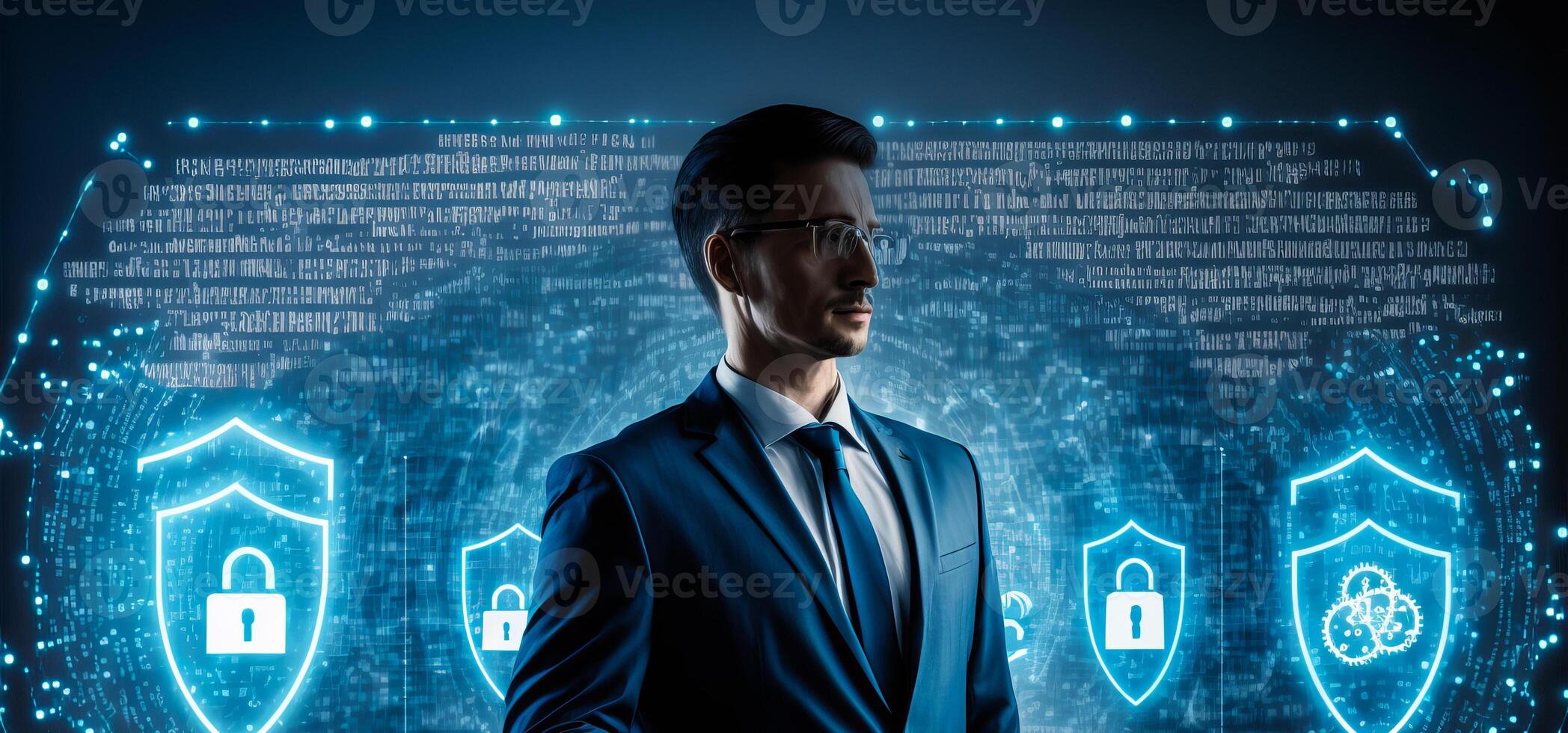 Businessman with digital cybersecurity protection concept. photo