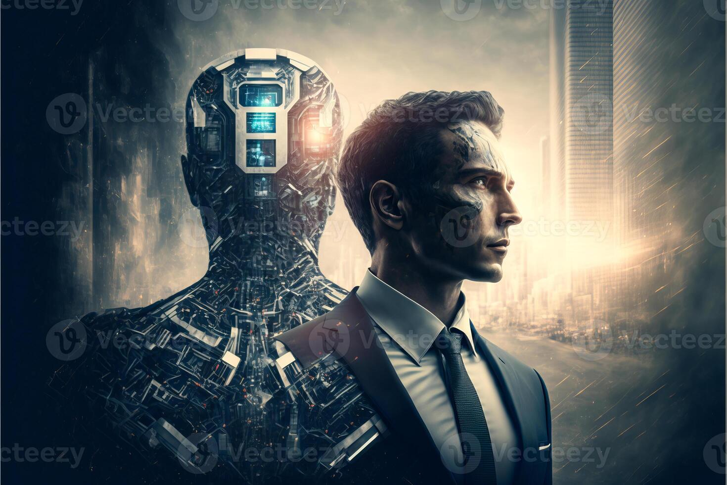 Abstract artificial intelligence businessman and humanoid robot concept, photo