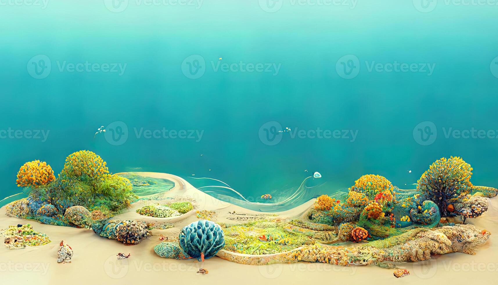 Travel and vacation background. 3d illustration with cut of the ground and the desert road and the lake. photo