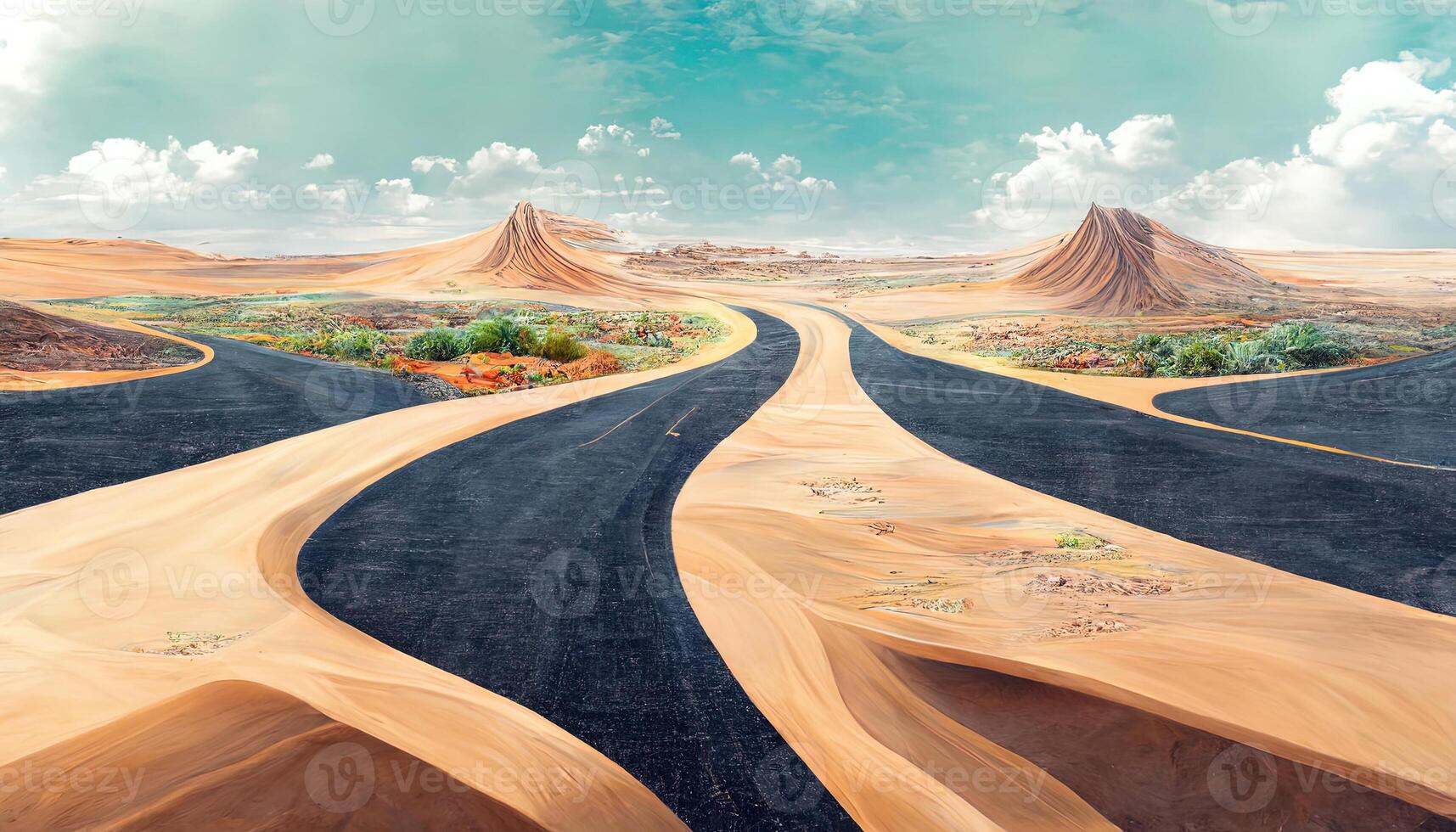 Excellent Travel and vacation background, 3d illustration with cut of the ground and the desert road. photo