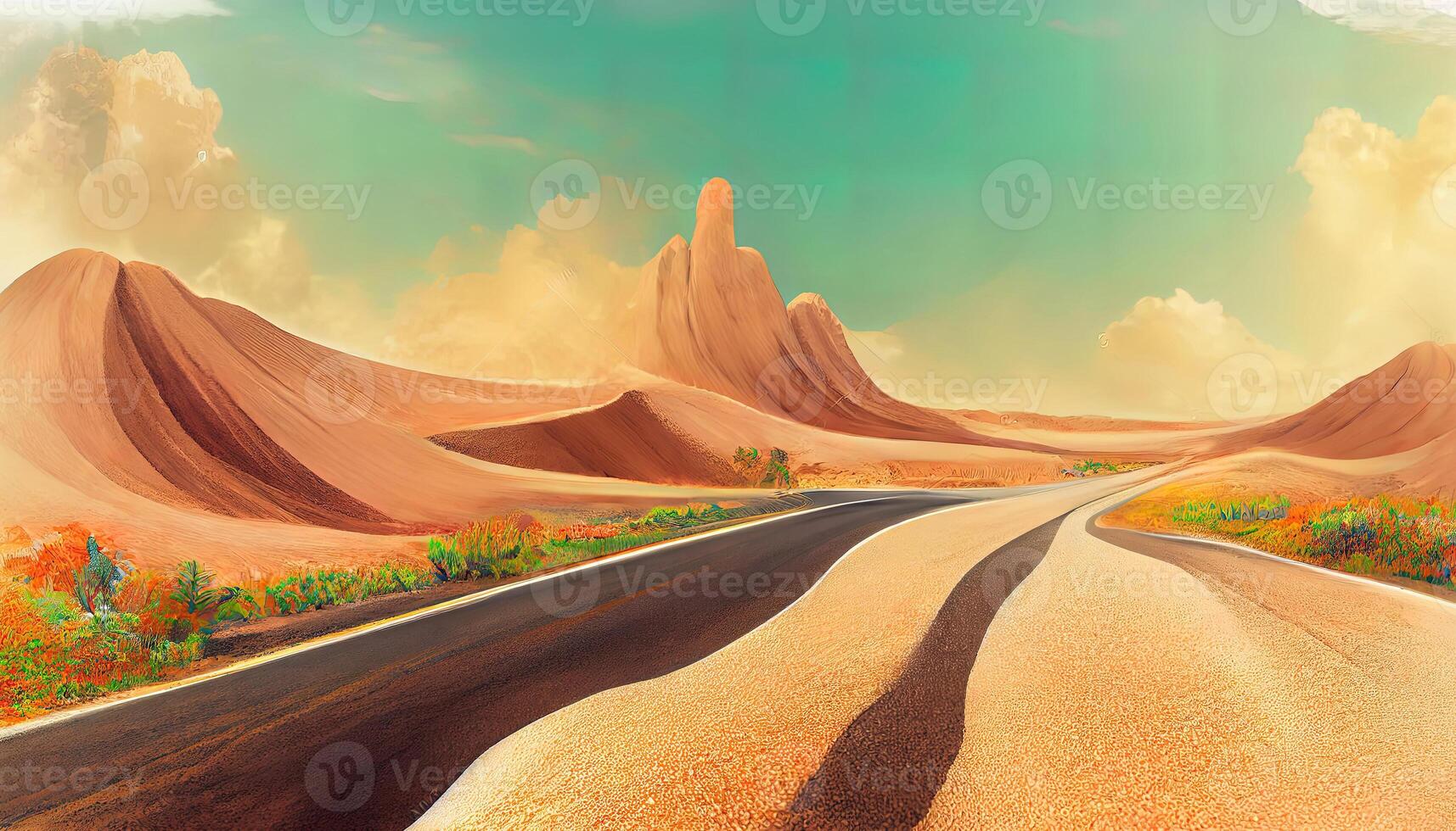 Arizona desert landscape with asphalt road, rocks and cacti. wild west highway in american canyon. photo