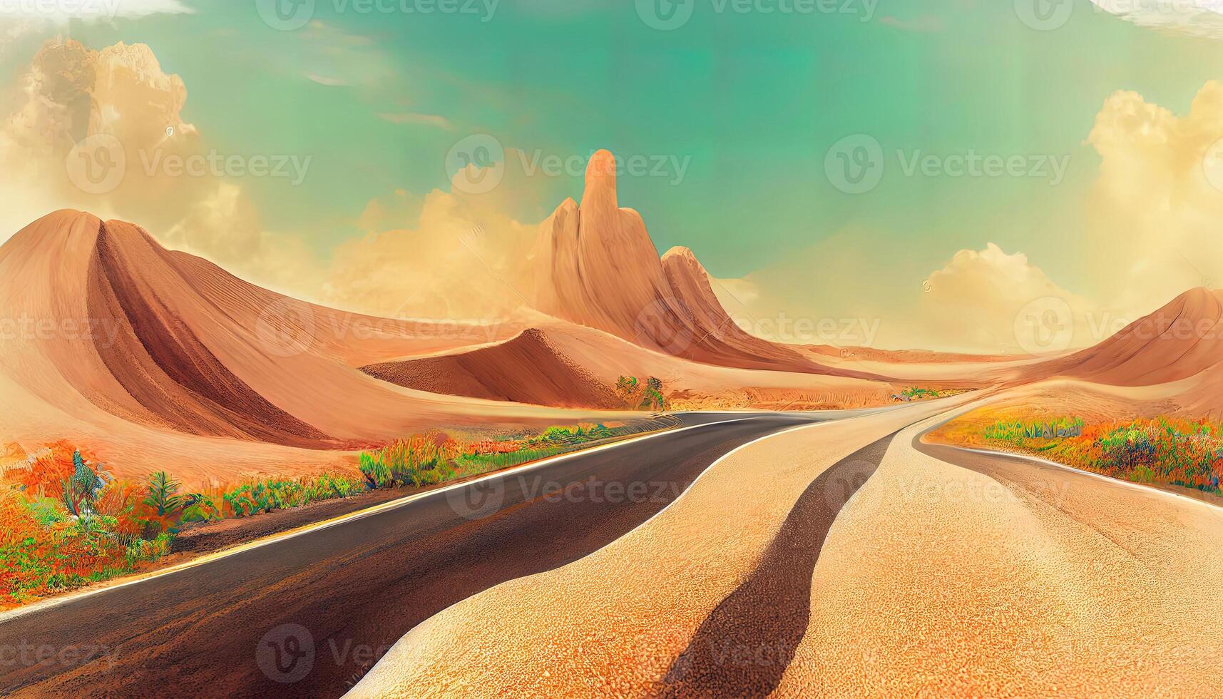 Arizona desert landscape with asphalt road, rocks and cacti. wild west highway in american canyon. photo