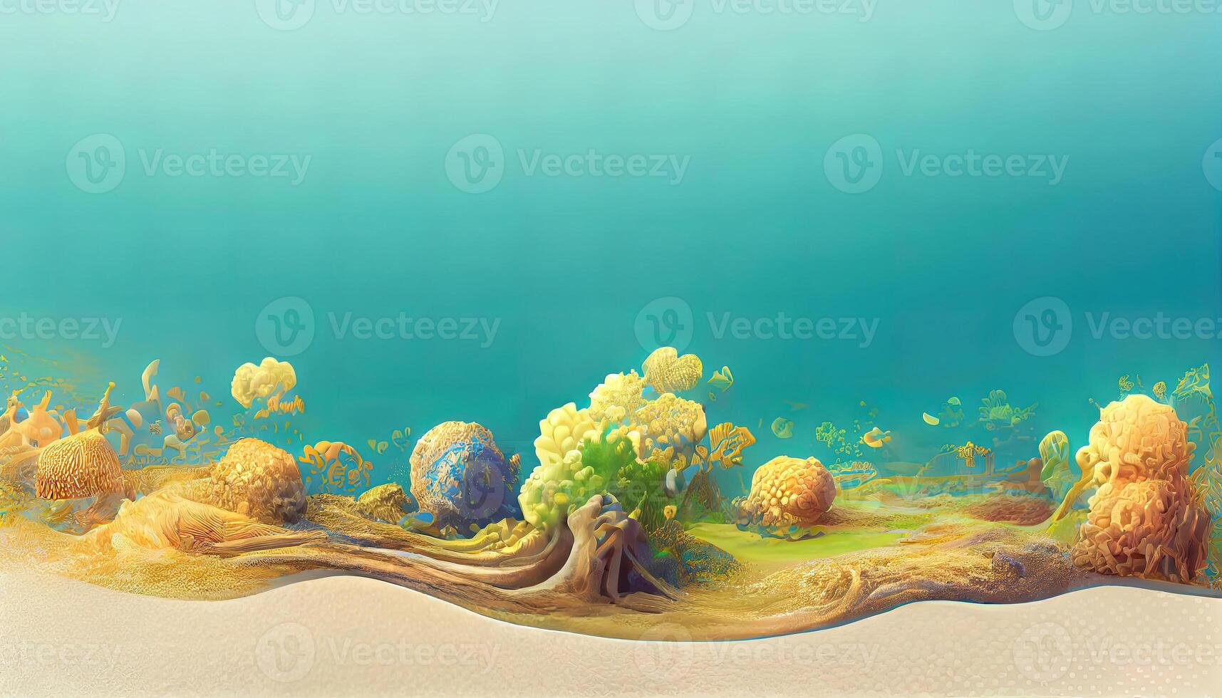 tropical isla con azul Oceano y arena, pez, palma árbol, ondas. 3d ilustración viaje y vacaciones generativo ai foto