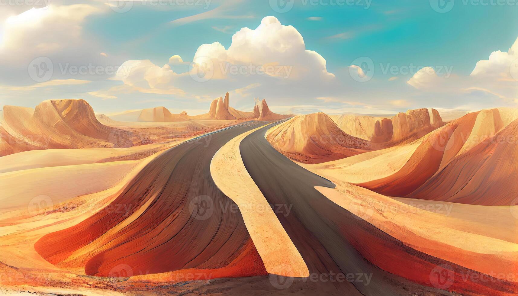 Travel and vacation background, 3d illustration with cut of the ground and the desert road. photo