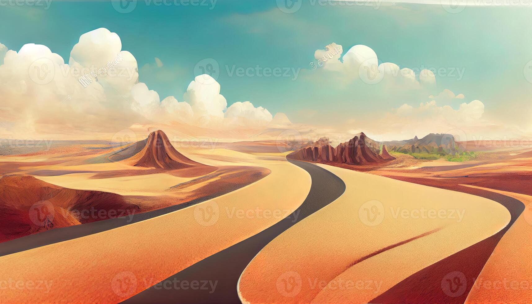 Travel and vacation background, 3d illustration with cut of the ground and the desert road. photo