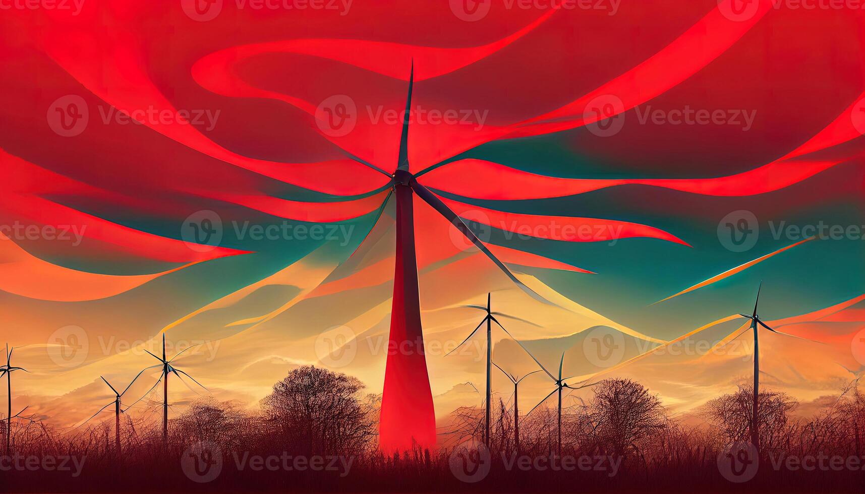 Clean energy concept. Energy from wind.. wind turbines at sunset. photo