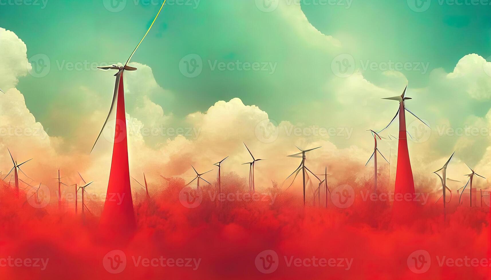Wind generator on sky Red background, Wind generator power plant, Green electricity. photo