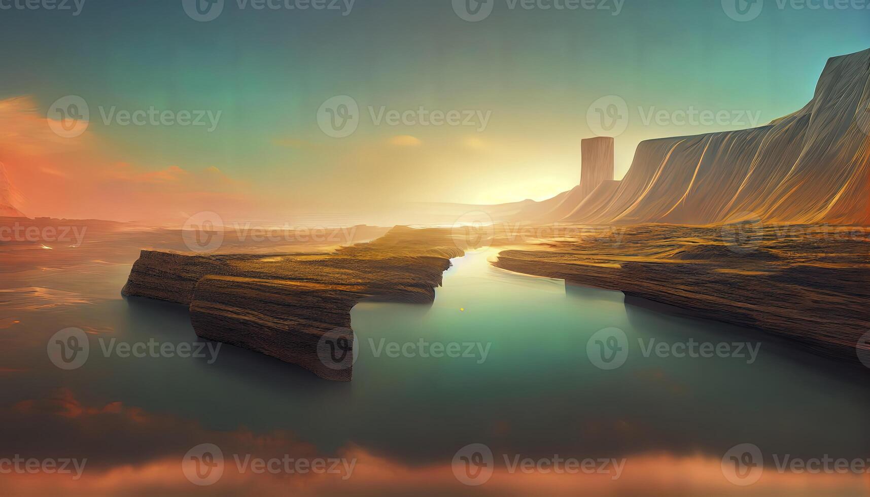 3d render, neon square frame glowing over the futuristic landscape with cliffs and water. photo