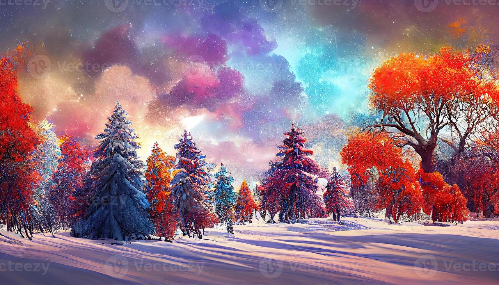 Winter christmas landscape with forest tree covered with snow holiday card background. photo