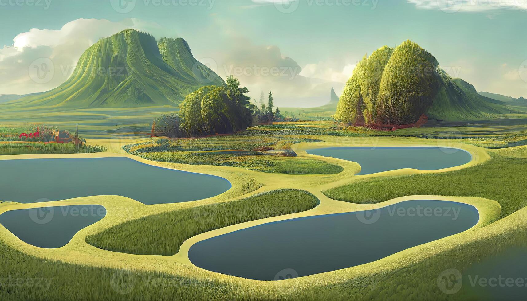 Travel and vacation background. 3d illustration with cut of the ground and the grass landscape with the cut of the pond. photo