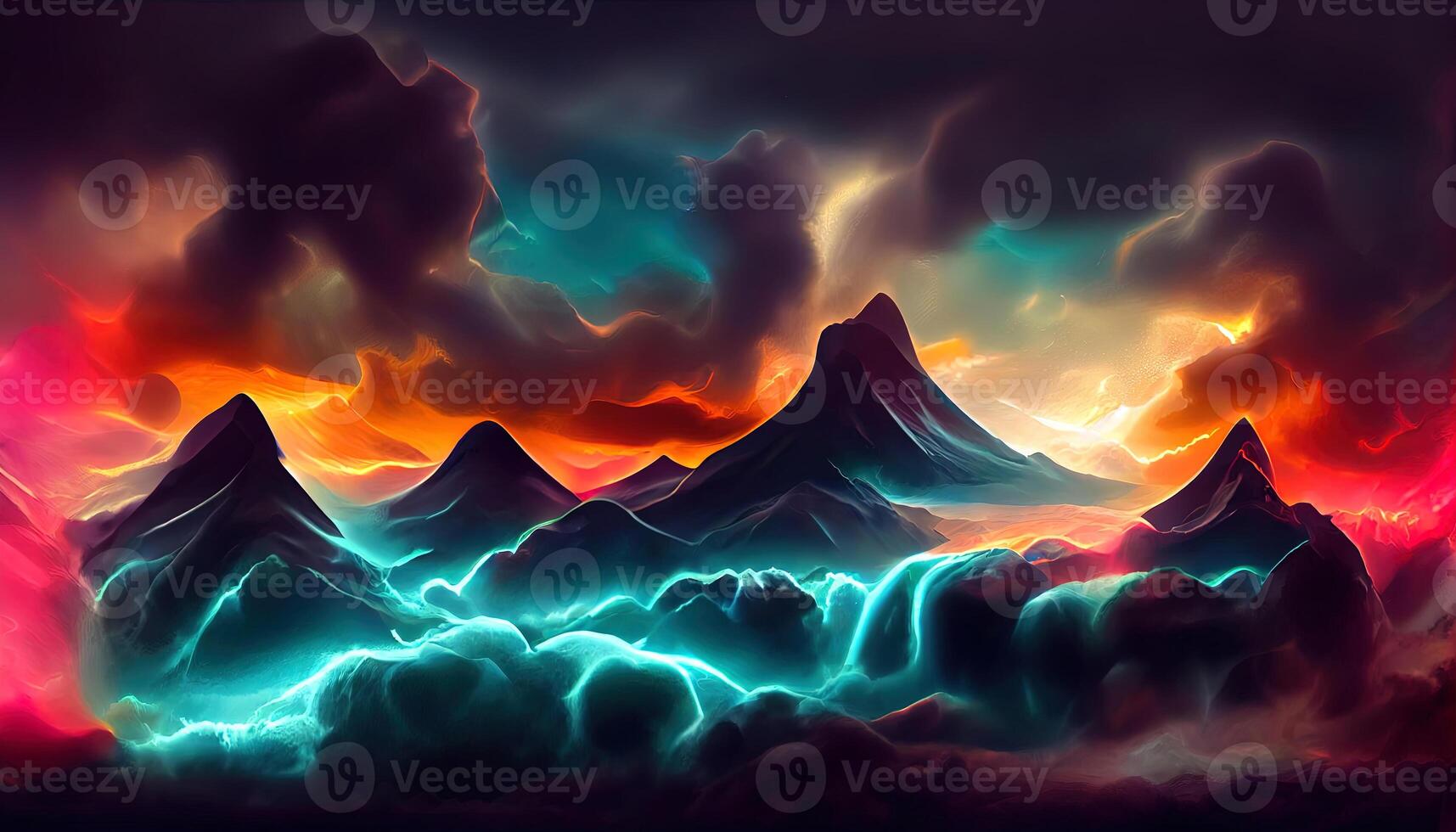 3d rendering. Abstract futuristic wallpaper with sunset or sunrise and glowing neon rectangular portal. photo