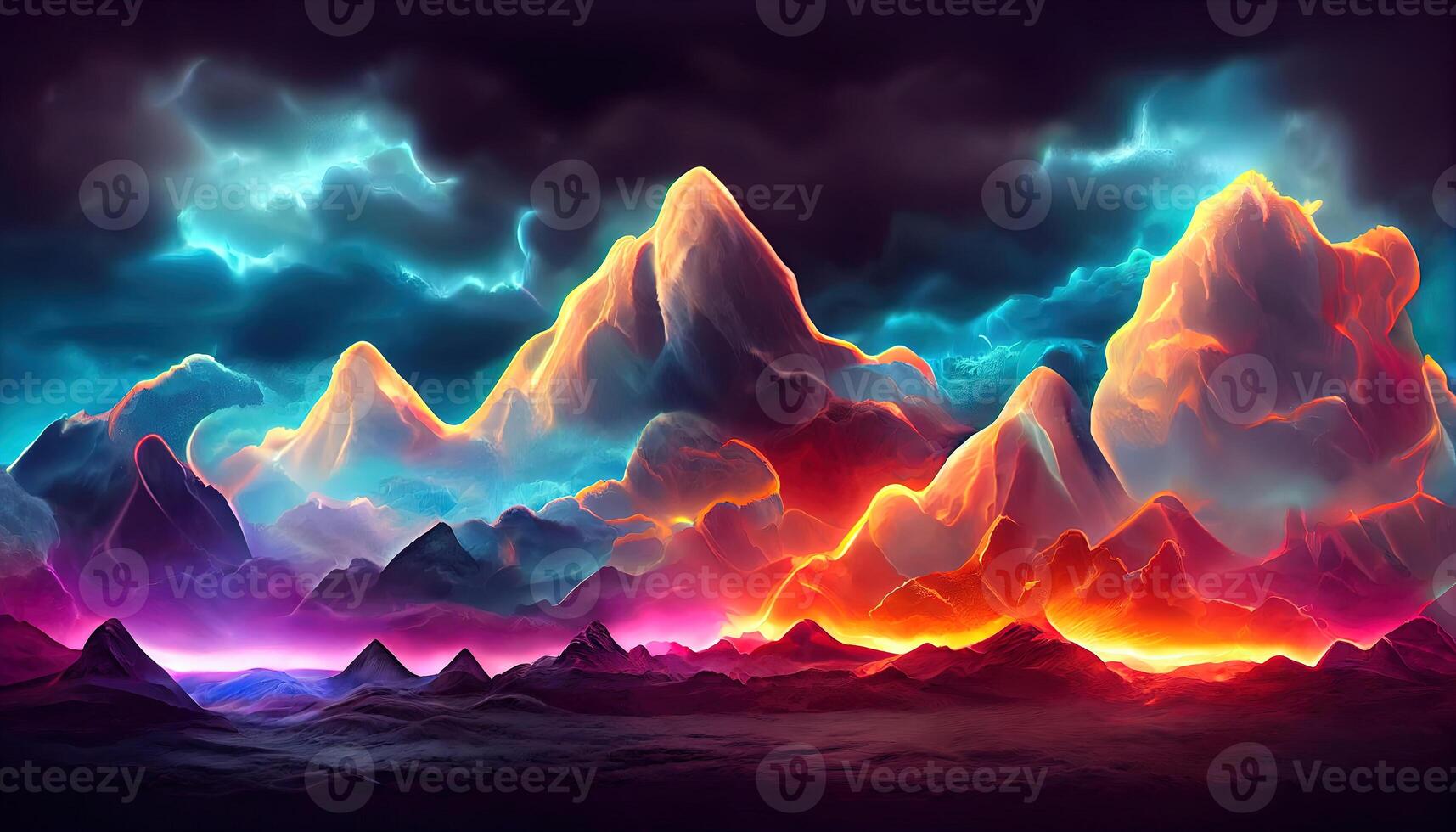 3D rendering, Abstract fantastic neon background, Terrain landscape with glowing square frame. photo