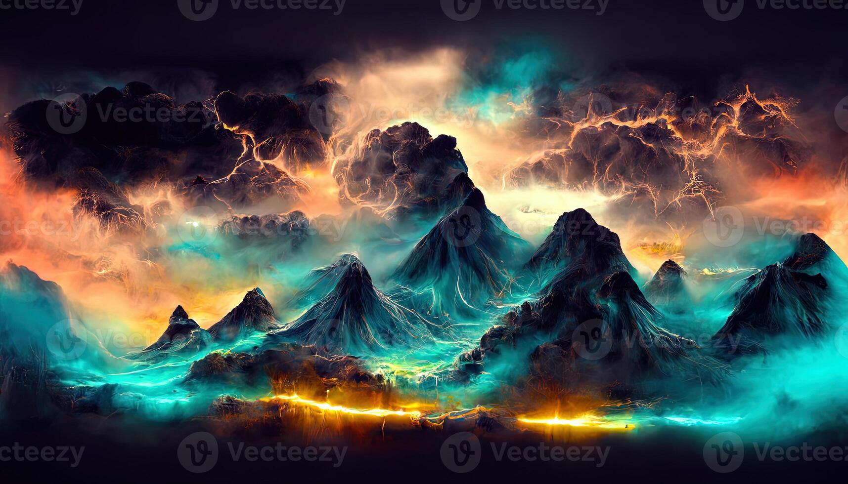 3d rendering, abstract background with landscape and square geometric shape glowing in the dark. photo