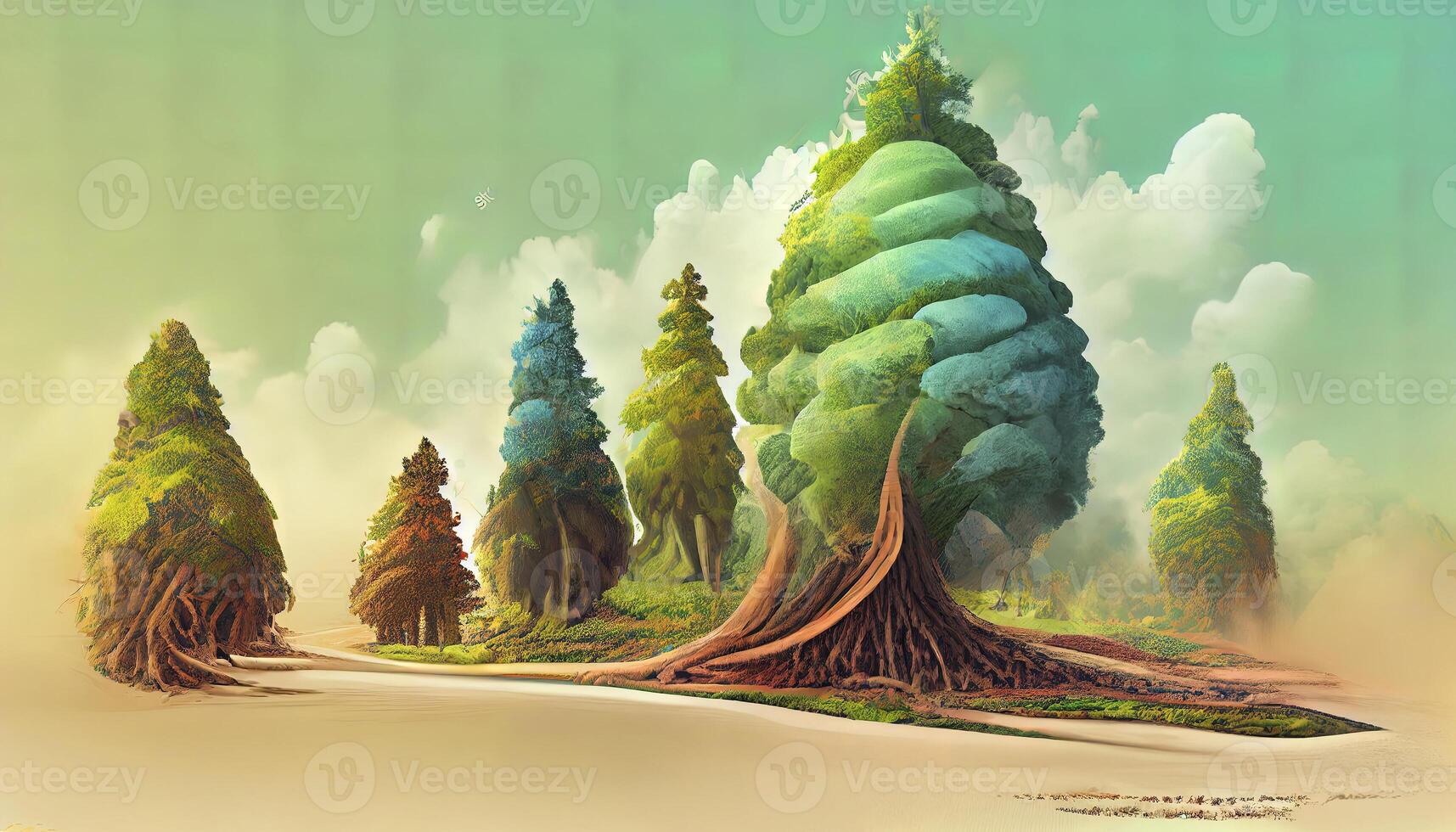 3d illustration of piece of green land isolated, creative travel and tourism off-road design trees. photo