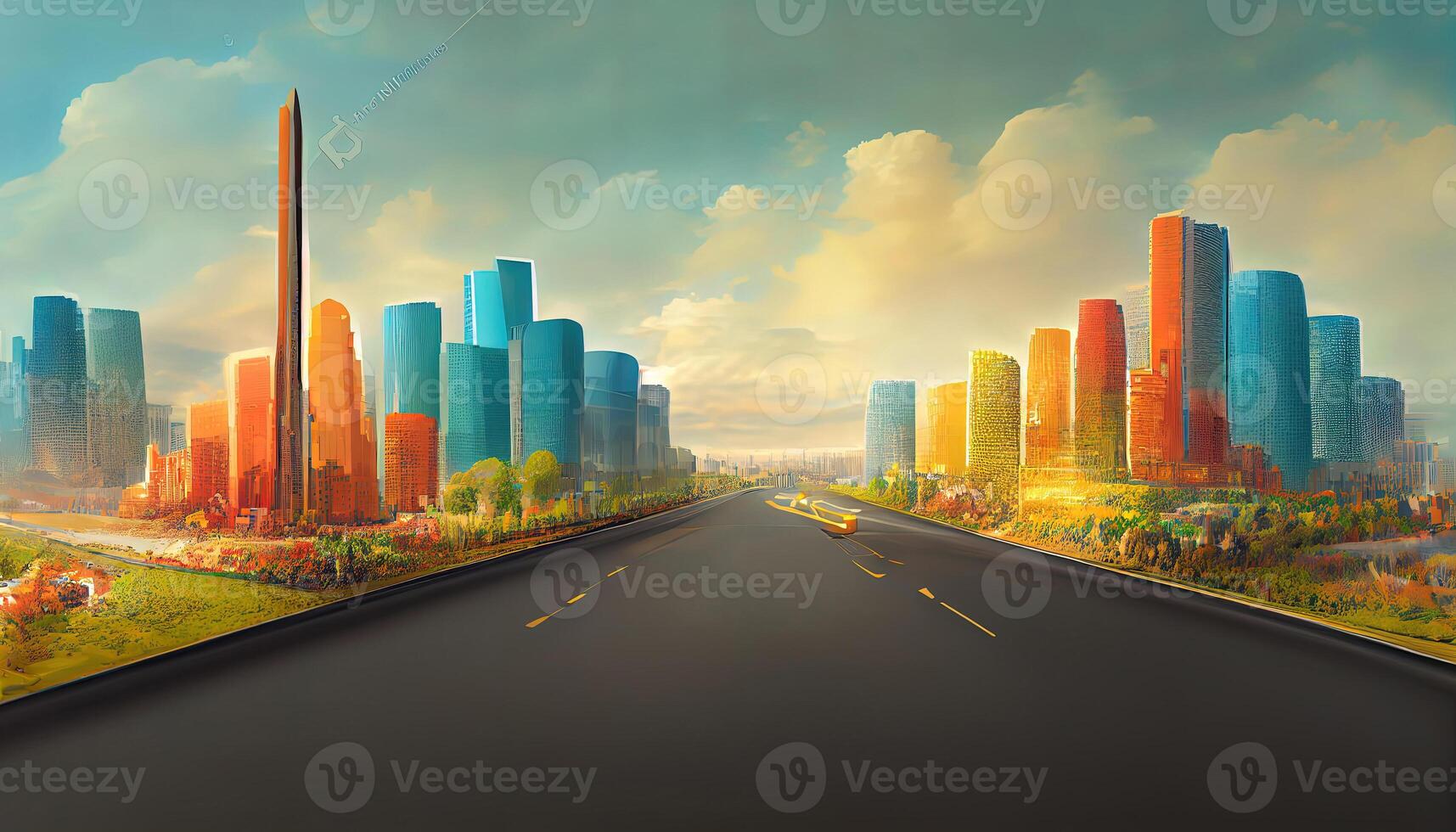 3d illustration of road advertisement. city road isolated, city skyline with piece of land isolated. photo