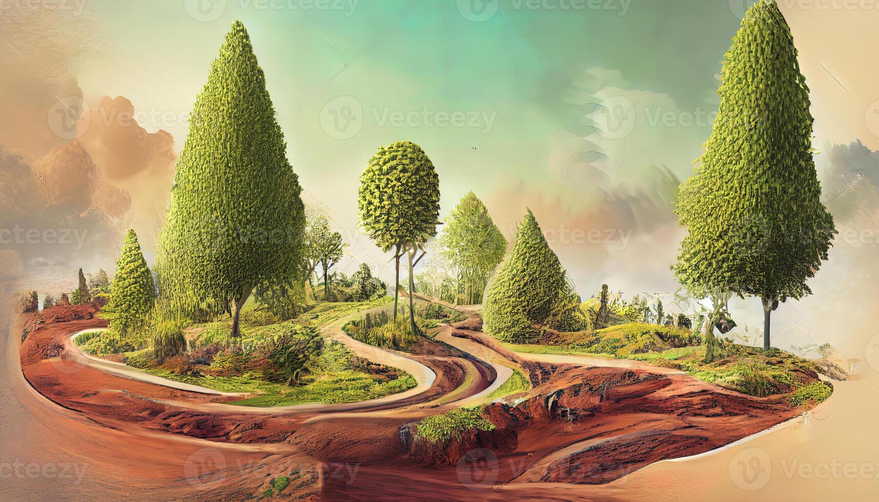 Pine tree in middle of a field and creative travel and tourism off-road design trees. photo