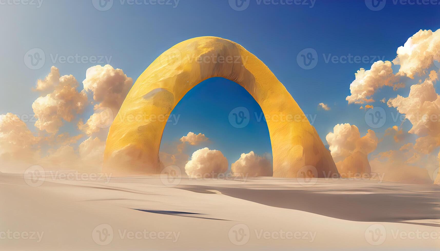 Surreal desert landscape with yellow arches and white clouds in the blue sky. photo