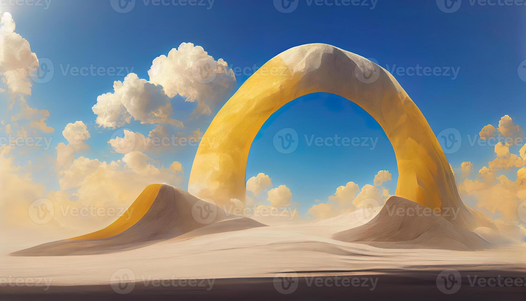 3d render, Surreal desert landscape with yellow arch and white clouds in the blue sky on sunny day. photo
