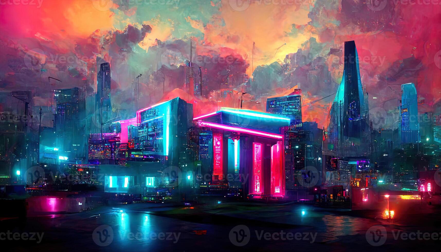 Futuristic city background with neon illumination. photo