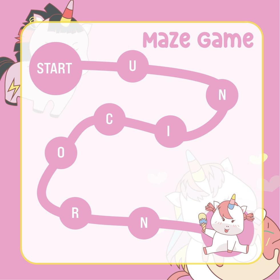 Maze game for children. Maze worksheet with unicorn theme. Educational printable sheet. Vector file.